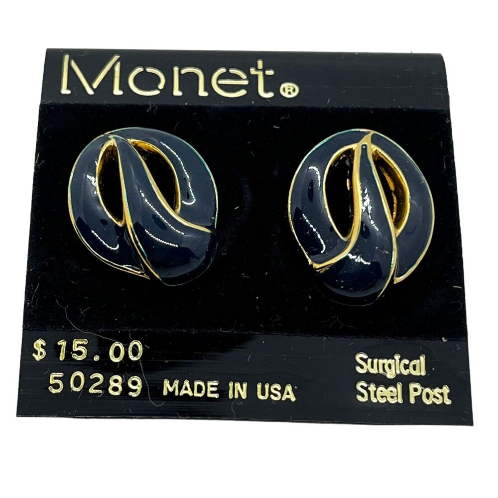 Monet Enamel Post Earrings Navy Blue Vintage Goldtone Signed Made in USA On Card